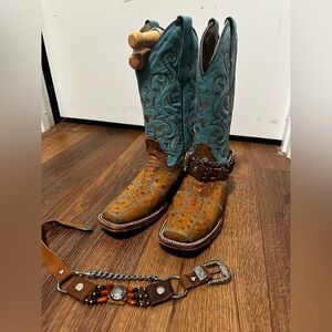 Circle G Turquoise and Tan Ostrich Western Cowgirl Boots